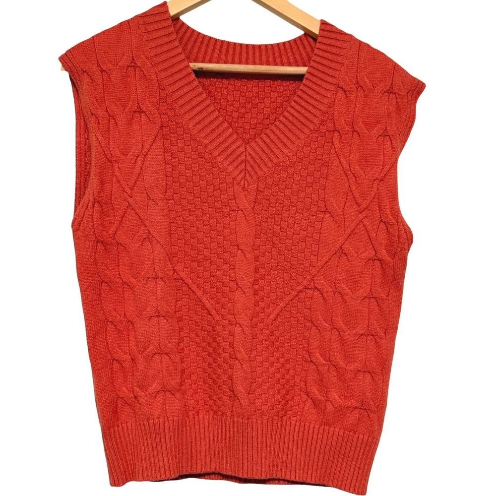 Orange Sweater Vest Medium 3D Cable Knit Preppy Academia Retro Textured Grandma